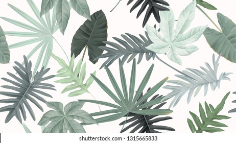 Botanical seamless pattern, various green leaves on light red, pastel vintage theme