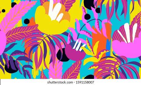 Botanical seamless pattern, various hand drawn flowers and leaves on blue
