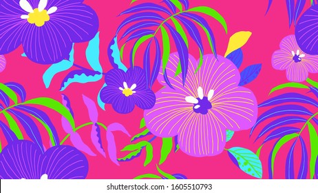 Botanical seamless pattern, various hand drawn flowers and leaves on pink