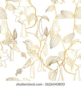 Botanische nahtlose Muster, verschiedene lapageria Blumen, lila Brust Roller Vogel und Blätter. Abbildung mit goldener Linie.