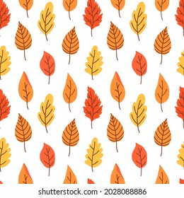 Botanical seamless pattern with various orange and yellow autumn leaves. Vector hand-drawn illustration in cartoon flat style. Perfect for cards, wrapping paper, textile, print, decorations.