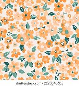 Botanical seamless pattern, various orange and green flowers with green leaves on a light background, vintage theme.