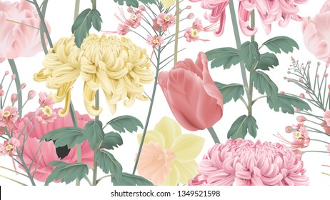 Botanical seamless pattern, various pink and yellow flowers on white, pastel vintage theme