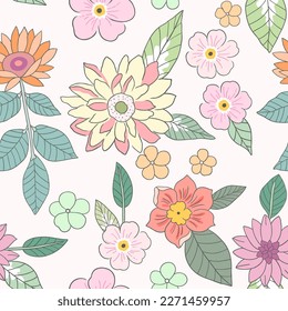 Patrón botánico sin costura, flores rosadas y amarillas variadas sobre tema blanco, de color pastel.