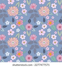 Botanical seamless pattern, various pink and orange flowers with green leaves on a gray-blue background, pastel vintage theme.
