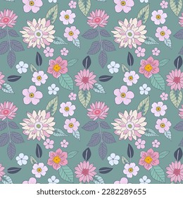 Botanical seamless pattern, various pink and orange flowers with green leaves on a light green background, pastel vintage theme.