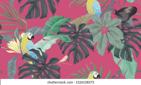 Botanical seamless pattern, various tropical leaves and blue-and-yellow macaw on pink