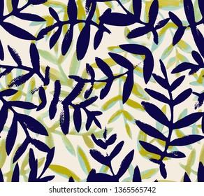 Botanical seamless pattern. Vector background made of branches and leaves with grunge texture. Good for textile and fabric.