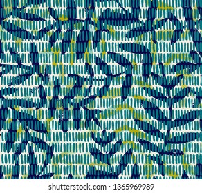 Botanical seamless pattern. Vector background made of vertical hatching lines with sprigs. Branches and leaves on weaving texture. Good for textile and fabric.