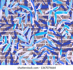 Botanical seamless pattern. Vector background made of vertical hatching lines with sprigs. Branches and leaves on weaving texture. Good for textile and fabric.