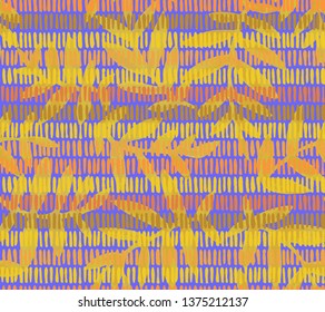Botanical seamless pattern. Vector background made of vertical hatching lines with sprigs. Branches and leaves on weaving texture. Good for textile and fabric.