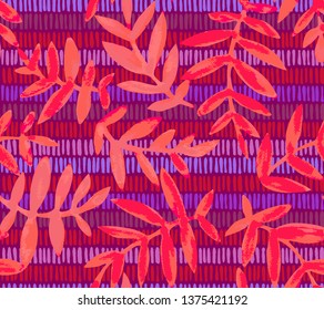 Botanical seamless pattern. Vector background made of vertical hatching lines with sprigs. Branches and leaves on weaving texture. Good for textile and fabric.