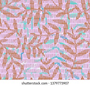 Botanical seamless pattern. Vector background made of vertical hatching lines with sprigs. Branches and leaves on weaving texture. Good for textile and fabric.