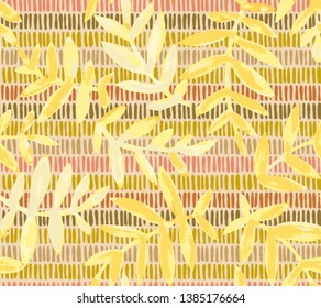 Botanical seamless pattern. Vector background made of vertical hatching lines with sprigs. Branches and leaves on weaving texture. Good for textile and fabric.