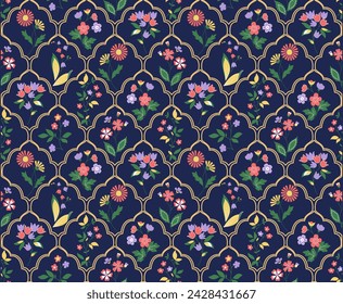 Botanical seamless pattern. Vintage. Vector illustration. floral plants on a black background.  flowers standing under delicate arches that create a grid with a vintage feel.