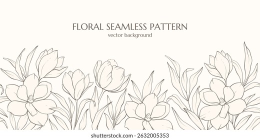 Botanical seamless pattern. Wall art with line, leaves, flowers. Minimal design banner for text. Hand drawn wildflowers in trendy boho aesthetic. Wedding Invitation flower arrangements, flyer, ticket
