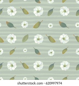 Botanical seamless pattern with white blooming flowers and leaves against green background with pale paint traces. Beautiful backdrop with watercolor elements. Vector illustration for textile print
