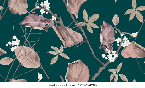 Botanical seamless pattern, white flowers and dried leaves with branch on green, pastel vintage theme