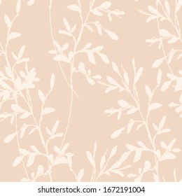 Botanical seamless pattern with white flying plants on peach color background, botanical fantasy fashion nature. All illustration are digital.