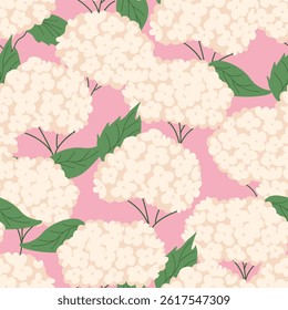 Botanical seamless pattern with white hydrangea flowers and leaves. Floral blossom vector flat background