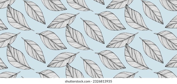 Botanical seamless pattern with white leaves on a pale blue background. Pattern for textiles, wrapping paper, wallpapers, covers, decor and backgrounds