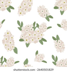 Botanical seamless pattern with white lilac flowers and leaves. Floral blossom vector flat background. Spiraea flowers. Elegant wedding wallpaper