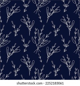 Patrón sin costuras botánicas. Arte de la línea blanca sobre el fondo azul oscuro. Ilustración del vector