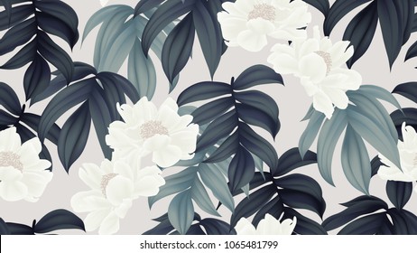 Botanical seamless pattern, white paenia lactiflora flowers and leaves on light brown background