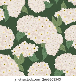 Padrão botânico sem emenda com flores e folhas de viburno branco. Fundo plano do vetor da flor da hortênsia