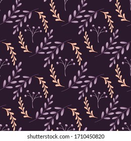Botanical seamless pattern with wild plants, herbs and flowers, colorful floral illustration. On purple backround, good print for fabric or wallpaper.