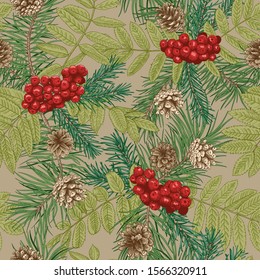 Botanical seamless pattern with winter plants on a beige background. Vector christmas vintage illustration. Rowan, pine and spruce branches, cones. 