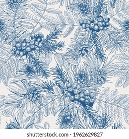 Botanical seamless pattern with winter plants. Christmas vector illustration. Blue and white pattern.