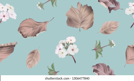 Patrón sin costuras botánicas, flores de jazmín de roca Wooly con hojas secas sobre el tema azul, de época pastel