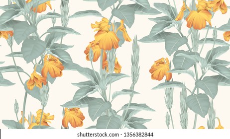 Padrão botânico sem emenda, flores amarelas crossandra com folhas em marrom claro, pastel vintage tema