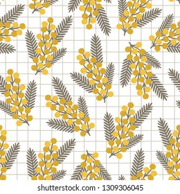 Botanical seamless pattern with yellow mimosa flowers and leaves on white background. Vector illustration for textile print, wallpaper, wrapping paper. 