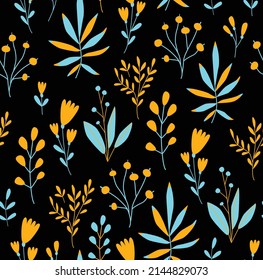 Botanisches nahtloses Muster in gelb-blauen Farben. Feldpflanzen, Beeren. Dunkler Hintergrund mit Tulpen. Vektorblumenmuster. Stoff, Papier, Tapete.