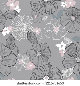 Botanical seamless pattern.Leaves and flowers.Vector illustration. Romantic pattern for decor, Wallpaper, postcard, paper, fabric, web page.Smooth lines.Delicate pastel colors.