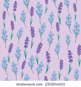 Impresión sin fisuras botánicas con diversos elementos florales. Campos azules de lavanda y camomila. Patrón de tela de moda con flores en miniatura, textil vintage