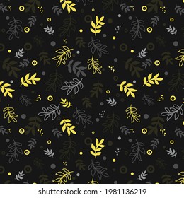 Botanical seamless repeat pattern, with hand drawn leaves in gray and yellow colors. Vector design great for wallpaper, fabric, packaging and more.