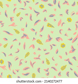 Botanical seamless repeat pattern. Pastel leaves and abstract lavender flowers all over print on green background.