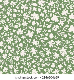 Botanical seamless repeat pattern. Random placed, vector flowers with leaves all over print on sage green background.