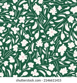 Botanical seamless repeat pattern. Random placed, vector flower heads with stems all over surface print on green background.