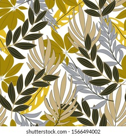 Botanical seamless tropical pattern with beautiful plants and leaves on a light background. Seamless pattern with colorful leaves and plants. Hawaiian style.