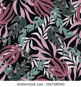 Botanical seamless tropical pattern with beautiful plants and leaves on black background. 
Seamless pattern with colorful leaves and plants. Beautiful seamless vector floral pattern.