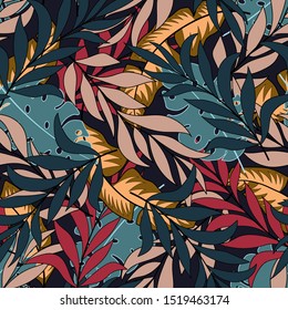 Botanical seamless tropical pattern with bright red and blue leaves and plants on a light background. Seamless pattern with colorful leaves and plants. Tropic leaves in bright colors.