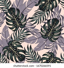 Botanical seamless tropical pattern with bright plants and leaves on a delicate background. Vintage pattern. Modern abstract design for fabric, paper, interior decor.