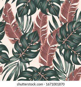 Botanical seamless tropical pattern with bright plants and leaves on a pastel background. Jungle leaf seamless vector floral pattern background. Summer colorful hawaiian.