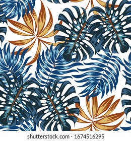 Botanical seamless tropical pattern with bright yellow and blue plants and leaves on a delicate background. Exotic jungle wallpaper. Modern abstract design for fabric, paper, interior decor.