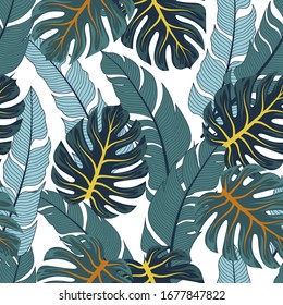 Tapa tropical sin fisuras botánica con plantas brillantes y hojas sobre un fondo claro. 
 Pieza de jungla sin fisuras vectorial de fondo floral. Colorido y elegante, florido. Al estilo hawaiano.