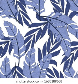 Botanical seamless tropical pattern with bright plants and leaves on a white background. Beautiful seamless vector floral pattern. Tropic leaves in bright colors.